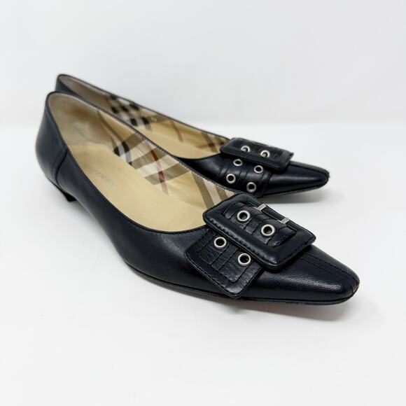 Burberry Black Leather Pointy Toe Kitten Heels EU 36 Buckle Detail Made in Italy - Picture 1 of 10
